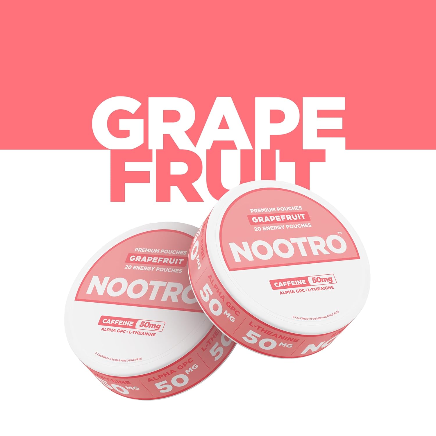 Nootro Caffeine Nootropic Pouches (Grapefruit) - Energy Pouches with 50mg Caffeine, 50mg Alpha GPC, 50mg L-Theanine with No Sugar and no Calories - 20 Pouches Per Can - 5 Pack