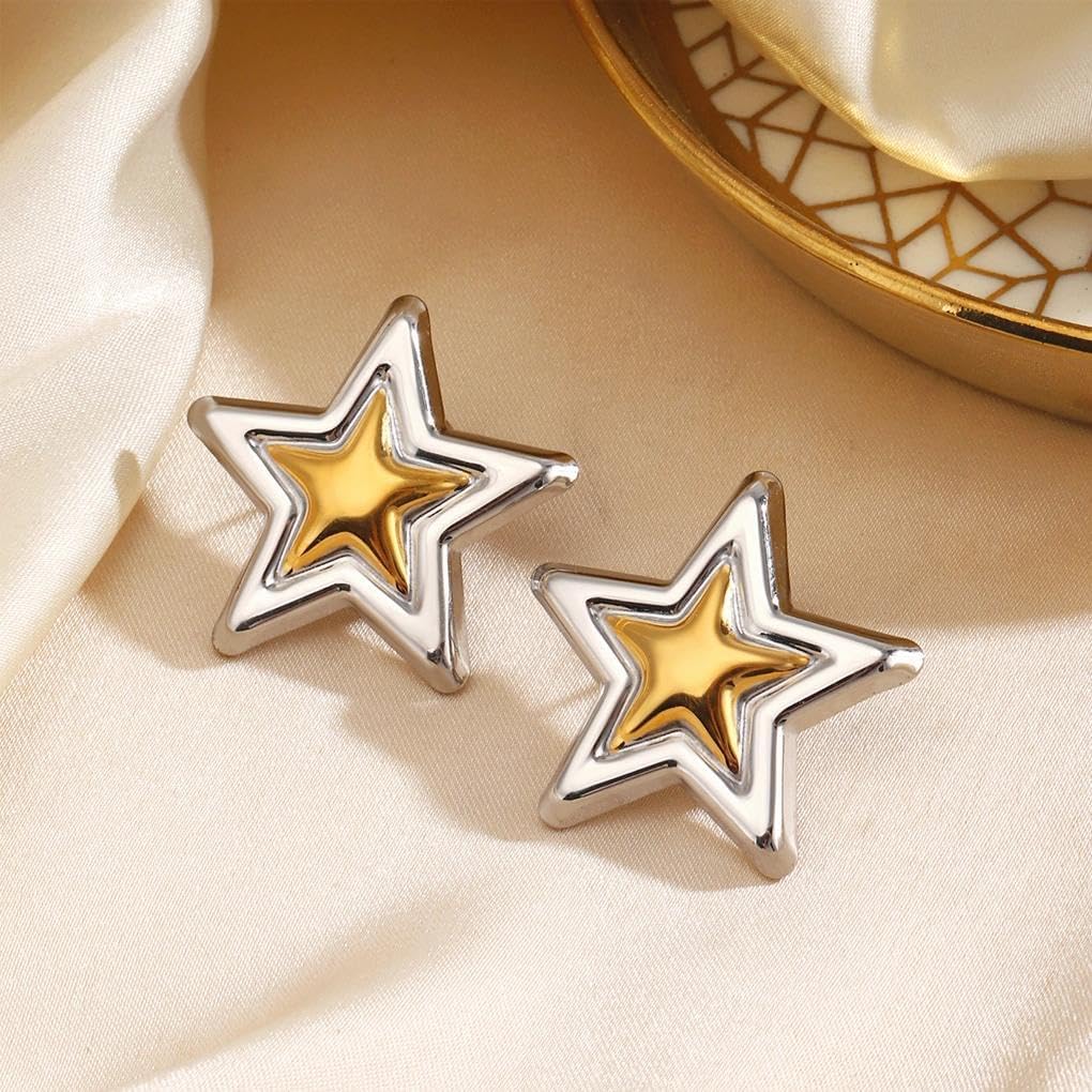 Two Tone Mix Metal Earrings,Stainless Steel Gold Star Statement Earrings for Women,Twist Wave Square Dangle Earings Trendy Jewelry Accessories - Image 4