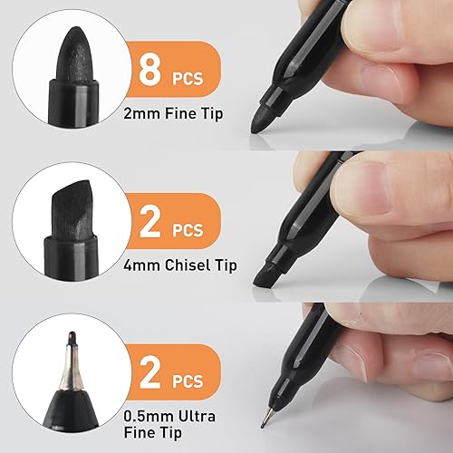 Miniatura 2 de 12 marcadores permanentes negros con bolsa, juego de bolígrafos impermeables de secado rápido, 8 puntas finas, 2 ultra finos, 2 puntas de cincel,