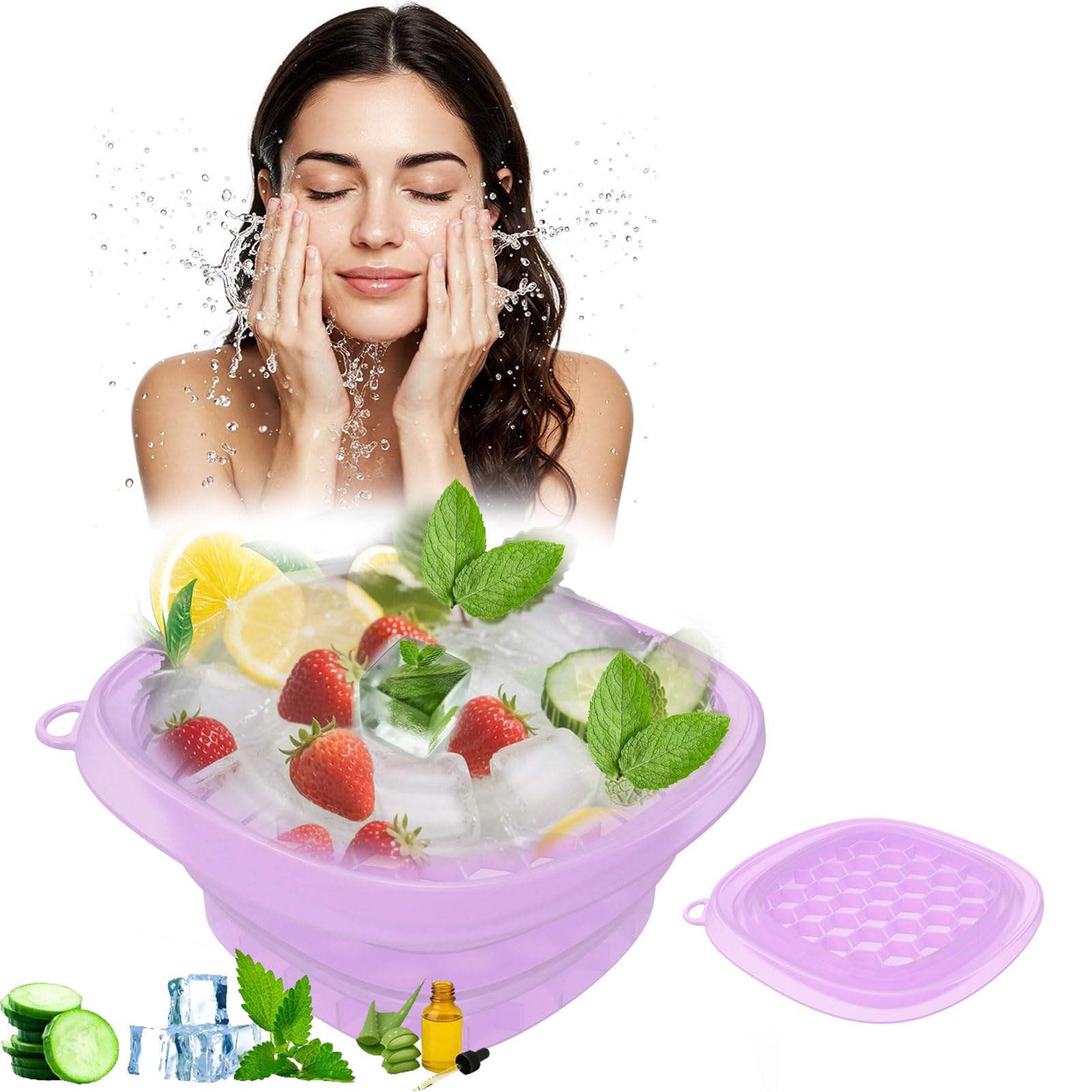 VBVARV Face Bowl for Ice, Quick Cooling Foldable Silicone Wash Basin with Built-in Ice Tray, Ice Tray for Home Ice Water Facials, Facial Ice Bath Kit, Ice Water Face Cold Plunge,Purple