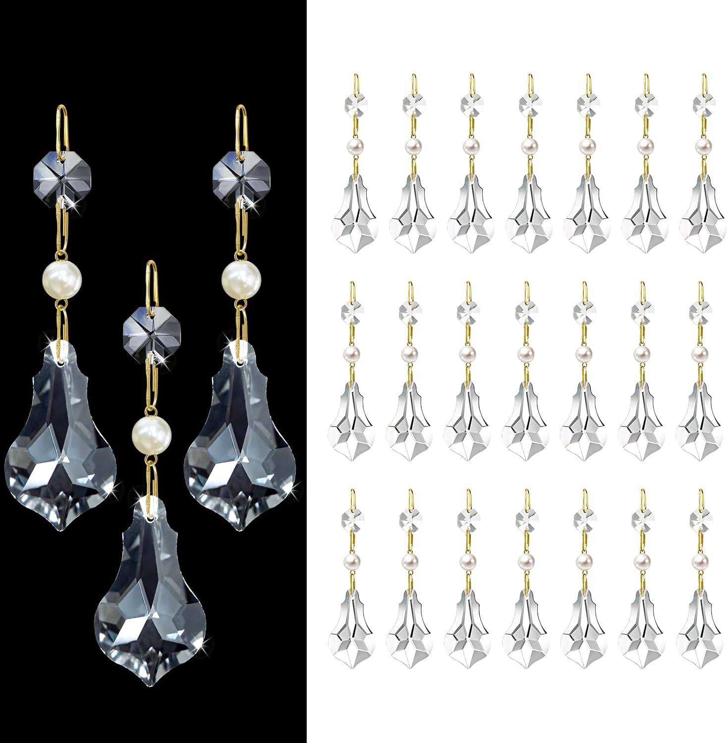 24 Pcs 2“ Pendant Chandelier K9 Crystal Decorative Hanging Ornaments - Clear Glass with Pearl Prism Pendants with Hooks for Lighting Repair, Suncatcher & Home Decor