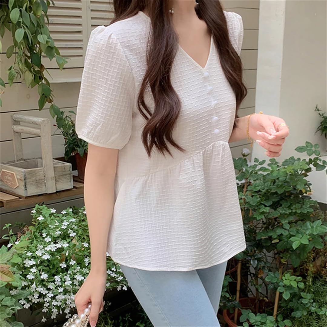 Camicetta da donna casual con volant a maniche corte estiva con scollo a V