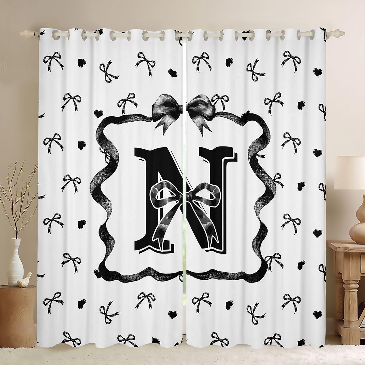 Homewish Litera N kokardki zasłony okienne 132 x 160 cm 2 zestawy paneli - czarno-biała kokarda zasłony zaciemniające czarna muszka ozdoby okienne zasłony dziewczęce kokarda węzeł do sypialni