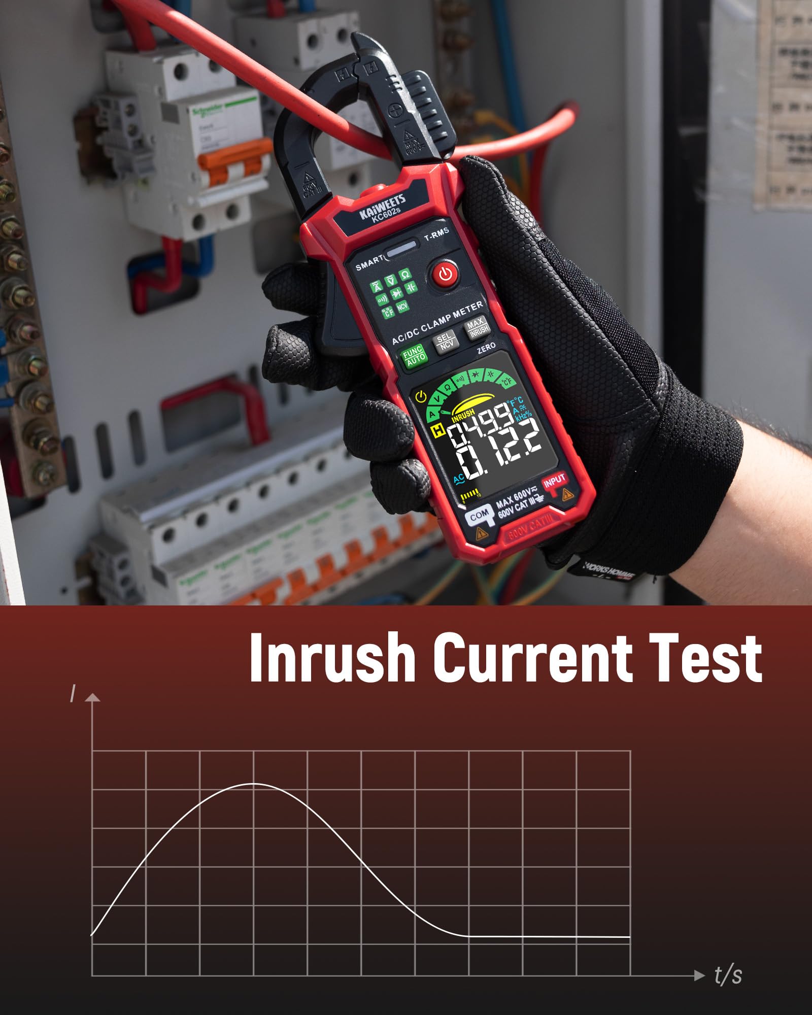 KAIWEETS Zangenmessgerät AC/DC Zangenmultimeter mit Auto-Modus, True RMS, NCV-Erkennung, Einschaltstrom, Frequenz, 6000 Counts Digitalmultimeter KC602s