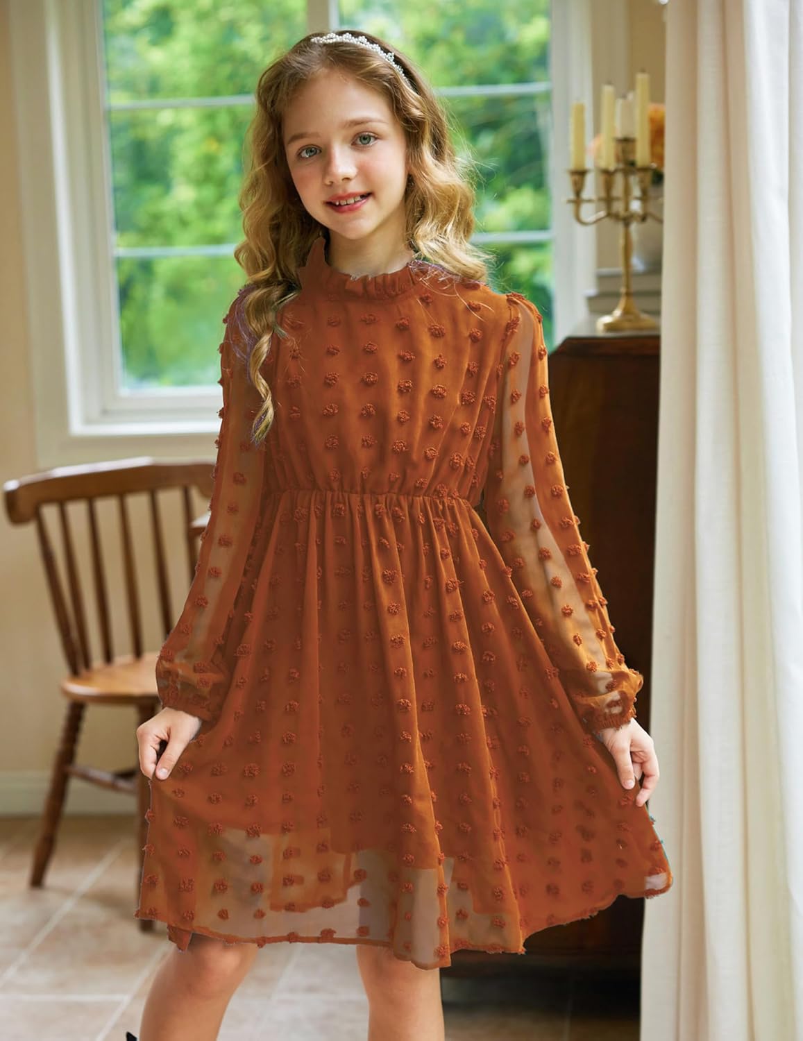 Arshiner Girls Dress Long Sleeve Swiss Dot Ruffle Collar Flowy A-Line Party Dress for Kids 5-13Y - Image 3