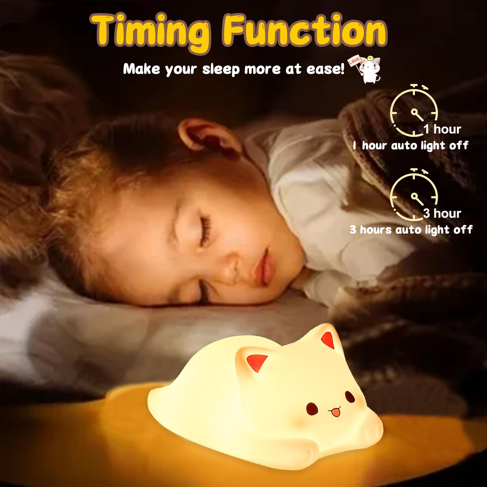Tremdwoto Cat Night Light for Kids,Cute Colorful Night Lights Baby Girl Squishy Nightlight Lamp 1/3 Hour Timer Kitty Light Dimmable Nursery Lamp Nightlight Gift for Kid Toddler Kawaii Bedroom Decor - Image 4