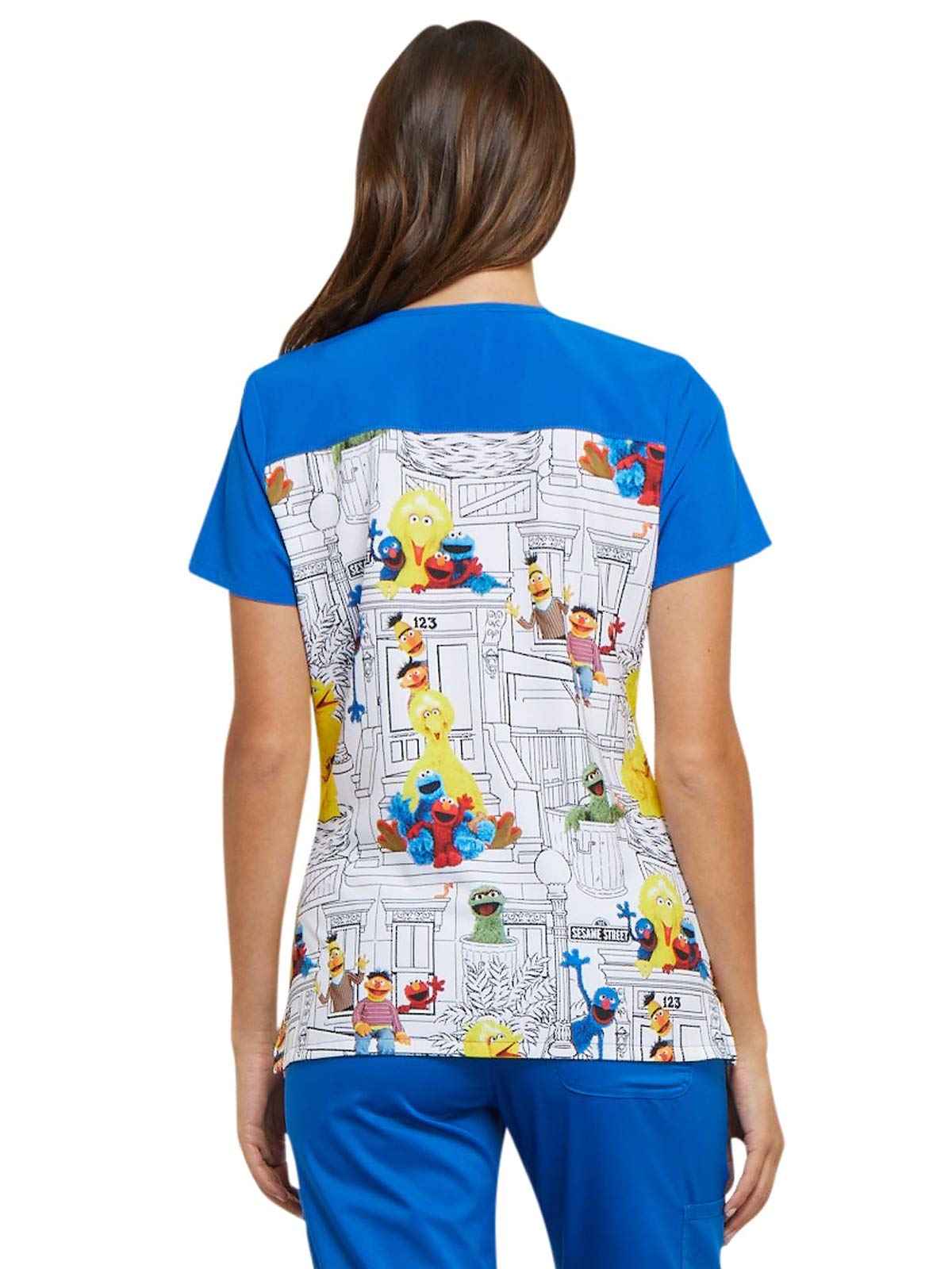 Cherokee Tooniforms Women's V-Neck Sesame Street Print Scrub Top Medium Print