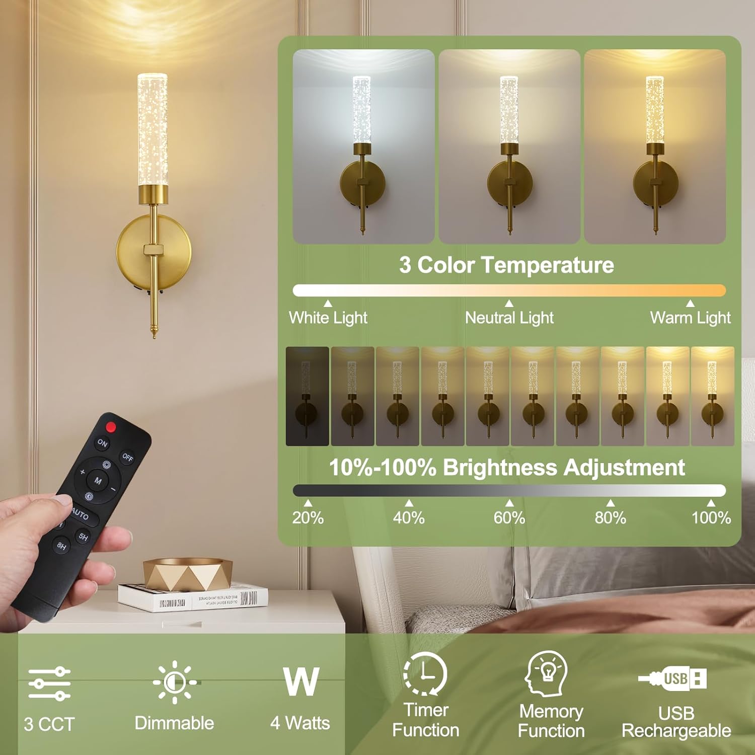 Gold Crystal Battery Operated Wall Sconce, Luxury Wireless LED Wall Sconces Set of 2 with Remote 3CCT Dimmable Timer, USB Rechargeable Cordless Wall Lights for Living Room Bedroom Bathroom Hallway