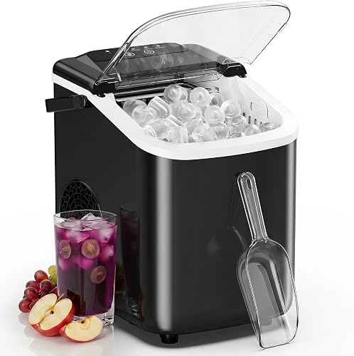 Sweetcrispy Countertop Ice Maker with Scoop, Basket and Handle, Portable Ice Machine 9 Ice Cubes Ready in 6 Mins, 26.5lbs in 24Hrs, 2 Sizes for Home Kitchen Office Bar Party