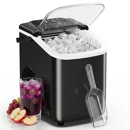 Sweetcrispy Countertop Ice Maker with Scoop, Basket and Handle, Portable Ice Machine 9 Cubes Ready in 6 Mins, 26.5lbs in 24Hrs, 2 Sizes for Home Kitchen Office Bar Party