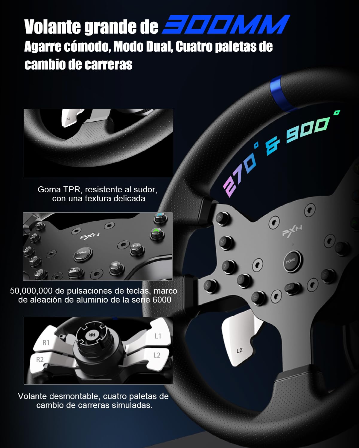 PXN V99 Volante de Juego – Force Feedback de 3,2 Nm, 270°&900°, 300 mm, 4 Palancas, 3 Pedales, Palanca de Cambios en H, App de Configuración – Volante para PC, Xbox y PS4