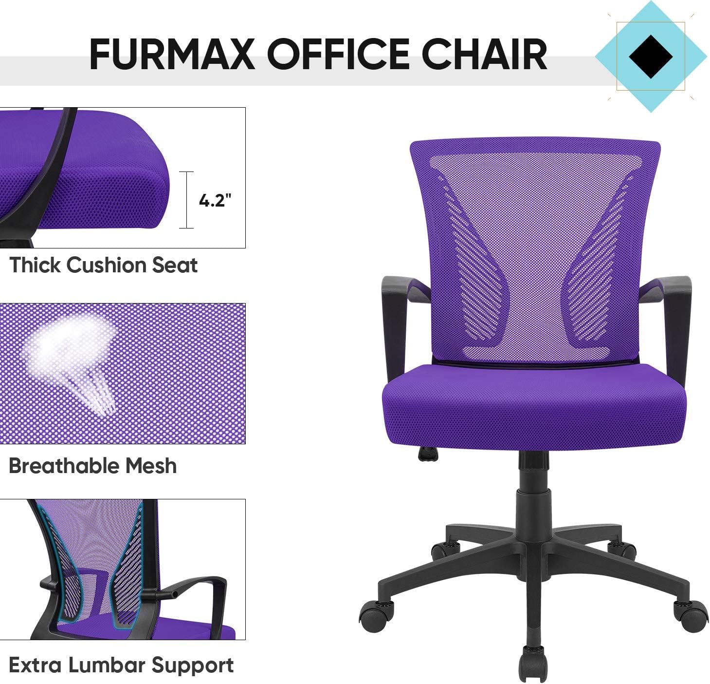 Dettagliato view of the thick cushion seat and breathable mesh material of the office chair