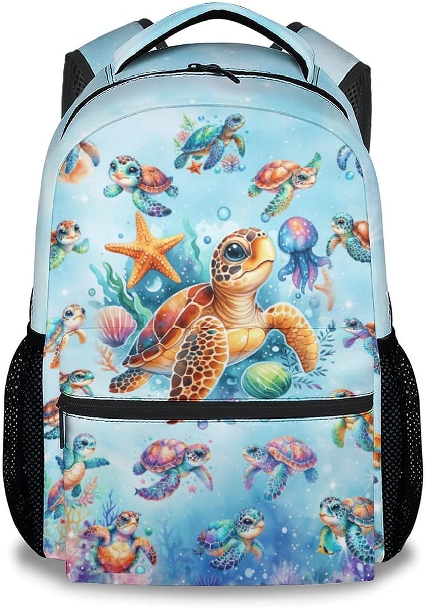 Sea Turtle Backpack for Boys Girls 17 Inch Kids School Bookbag - Water-Resistant Polyester Student School Bag for Elementary Middle School Students