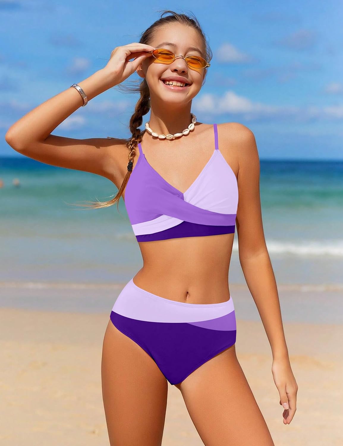 WIQI Girls Swimsuit Bikini Set 2 Piece Bathing Suits Color Block Criss Cross Swimwear Size 9-16 - Image 3