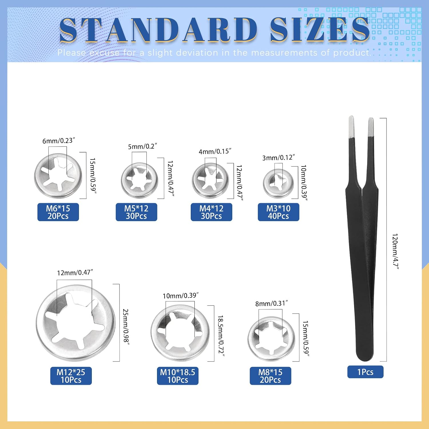 Glarks 160pcs Internal Tooth Star Lock Washers with Tweezers Assortment Kit, 7 Size Spring Push On Locking Nuts Speed Clips Retaining Clips, Quick Speed Locking Washers