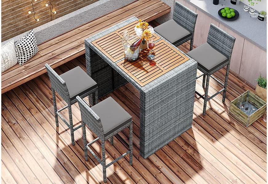 Miniatura 9 de Quarte Moderno juego de comedor de patio al aire libre de 5 piezas, juego de barra de mimbre de ratán de polietileno para jardín, 4 sillas de altura