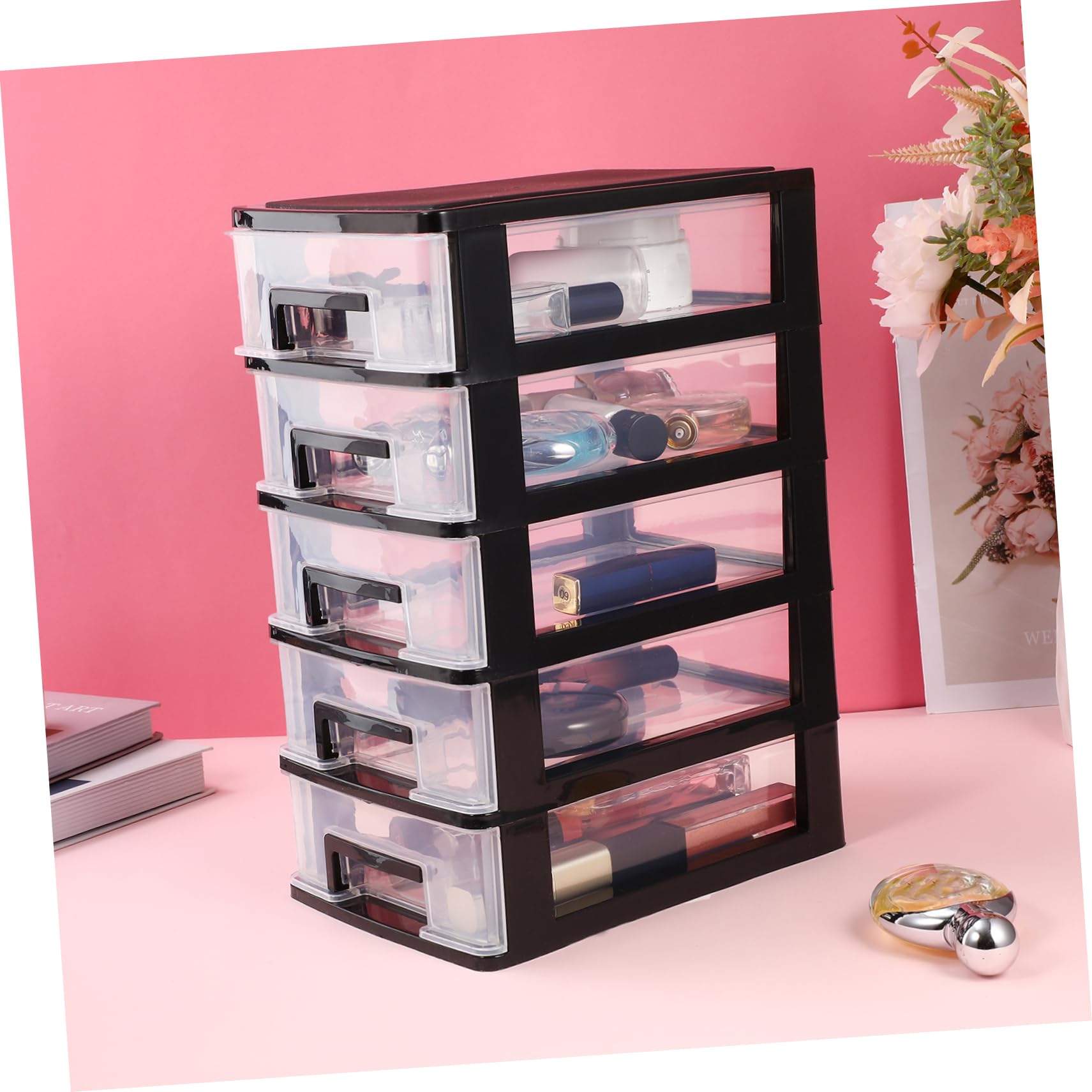 Cassettiera trasparente con 5 cassetti in plastica per cancelleria e cosmetici, piccola cassettiera da scrivania, 21,1 x 15,2 x 31,3 cm, ideale per casa e ufficio
