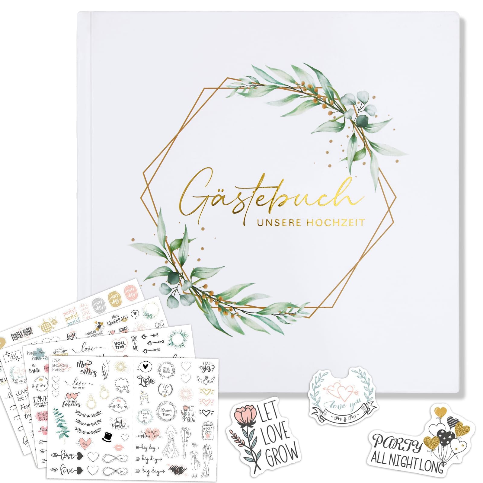 BOFUNX Libro de Visitas de Boda Libro de Firmas para los Invitados Álbum de Recuerdos Tamaño 21x21cm 30 Páginas+8 Hojas de Pegatinas para Decoración de Boda