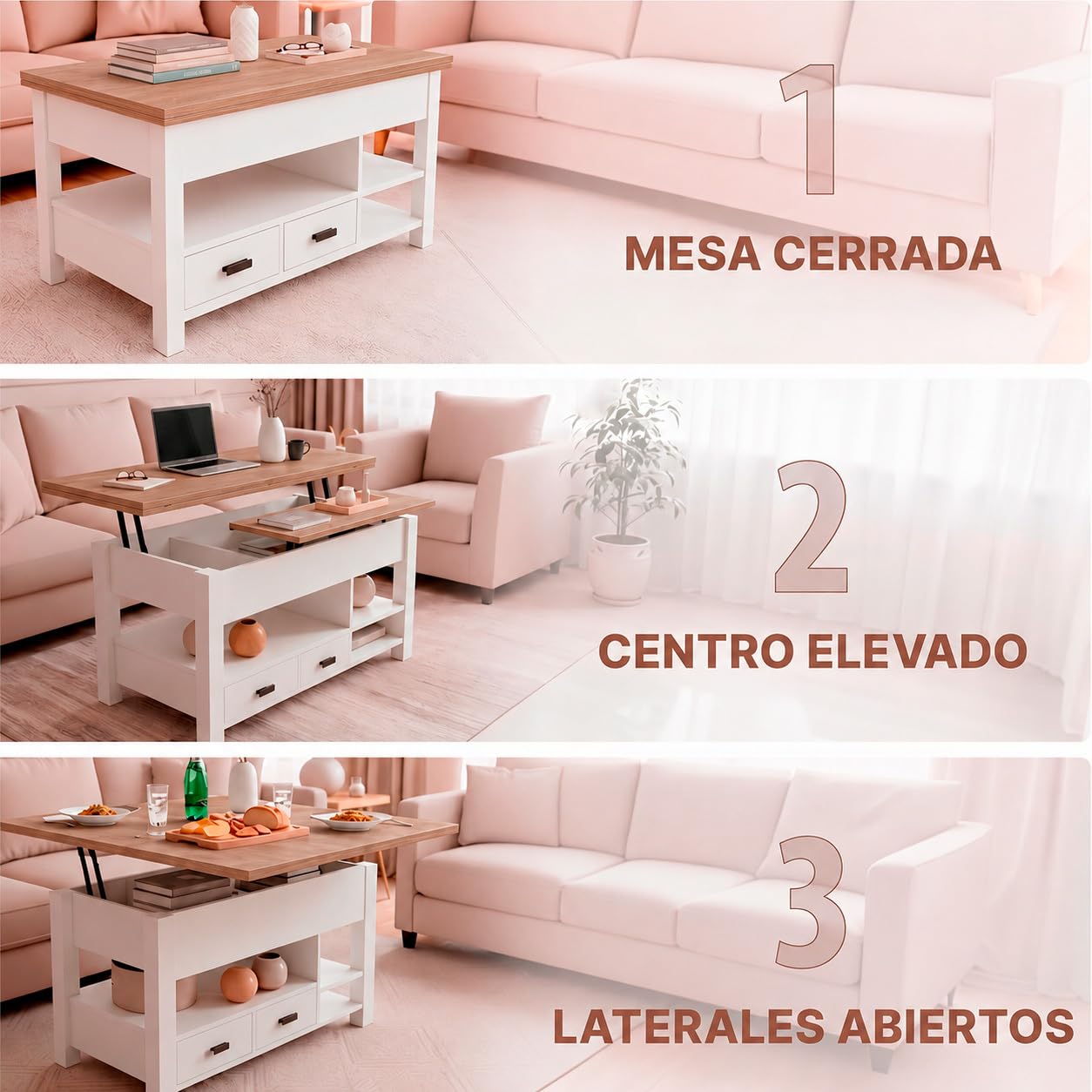 Marctani Table basse relevable 3 en 1 - Table basse en bois marron avec rangement caché et 2 tiroirs, meuble de salon extensible en bois MDF pour bureau et salle à manger
