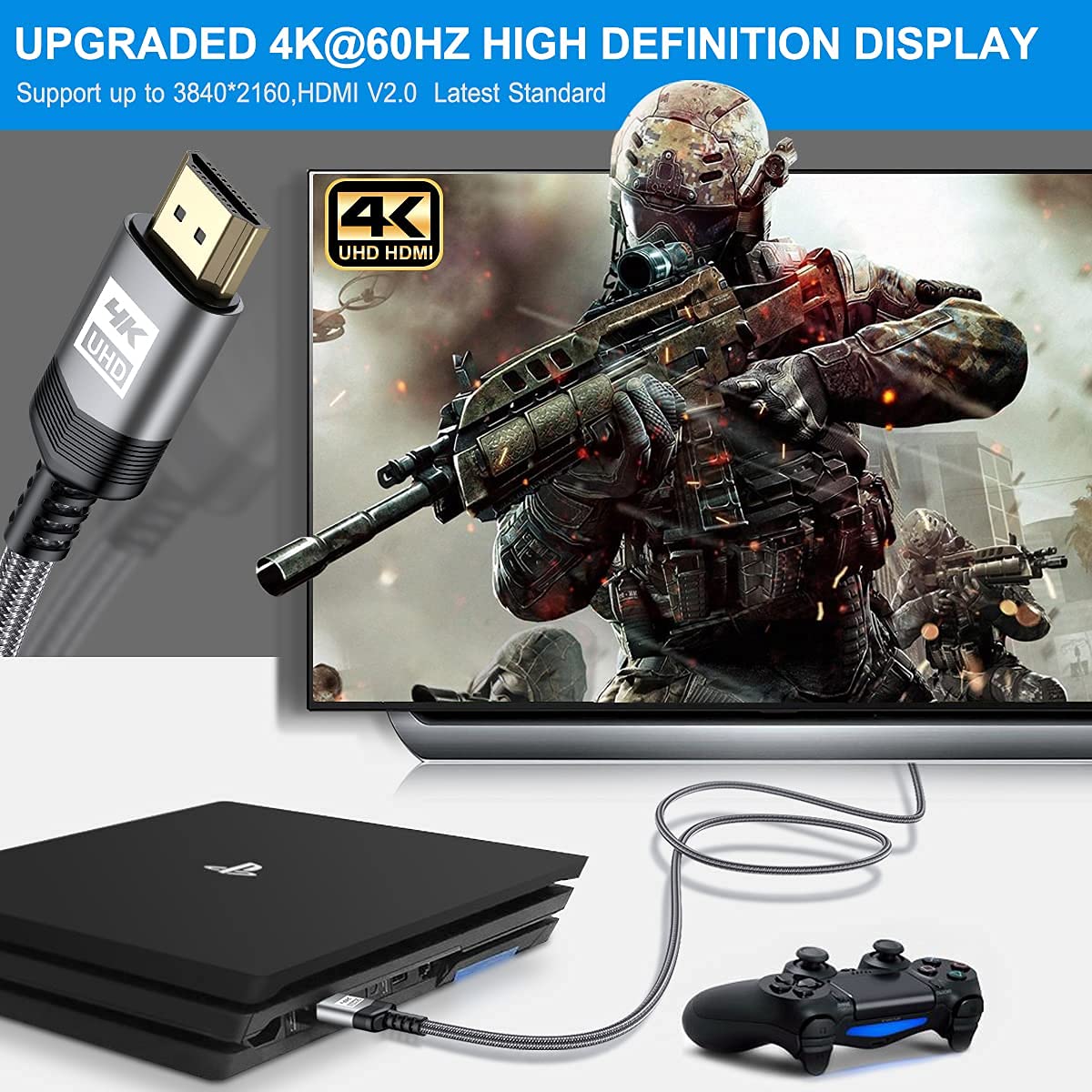 sweguard - Cable HDMI 4K 4K @60Hz 18Gbps de alta velocidad HDMI 2.0 Cable de nailon trenzado, conectores chapados en oro con Ethernet/canal de retorno de audio, compatible con vídeo 4K UHD 2160p, HD