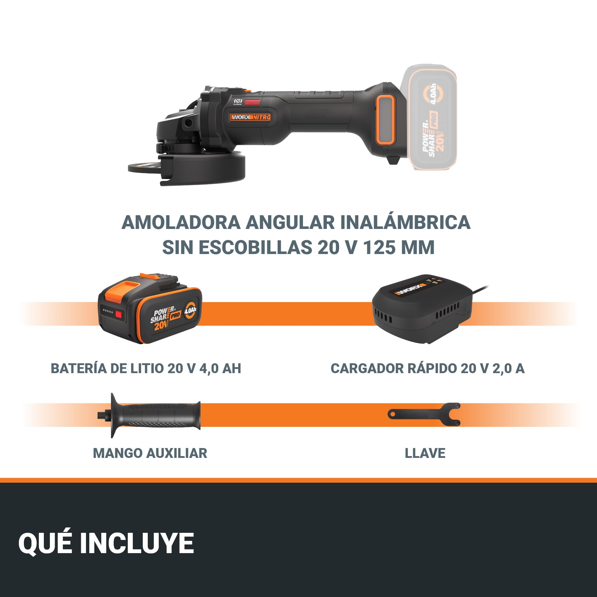WORX WX814 Amoladora a batería 20V-4Ah, 125mm, corte 50% más rápido, equivalente a 1000W de potencia, batería y cargador incluido, para reparaciones, metal y piedra, uso intensivo.