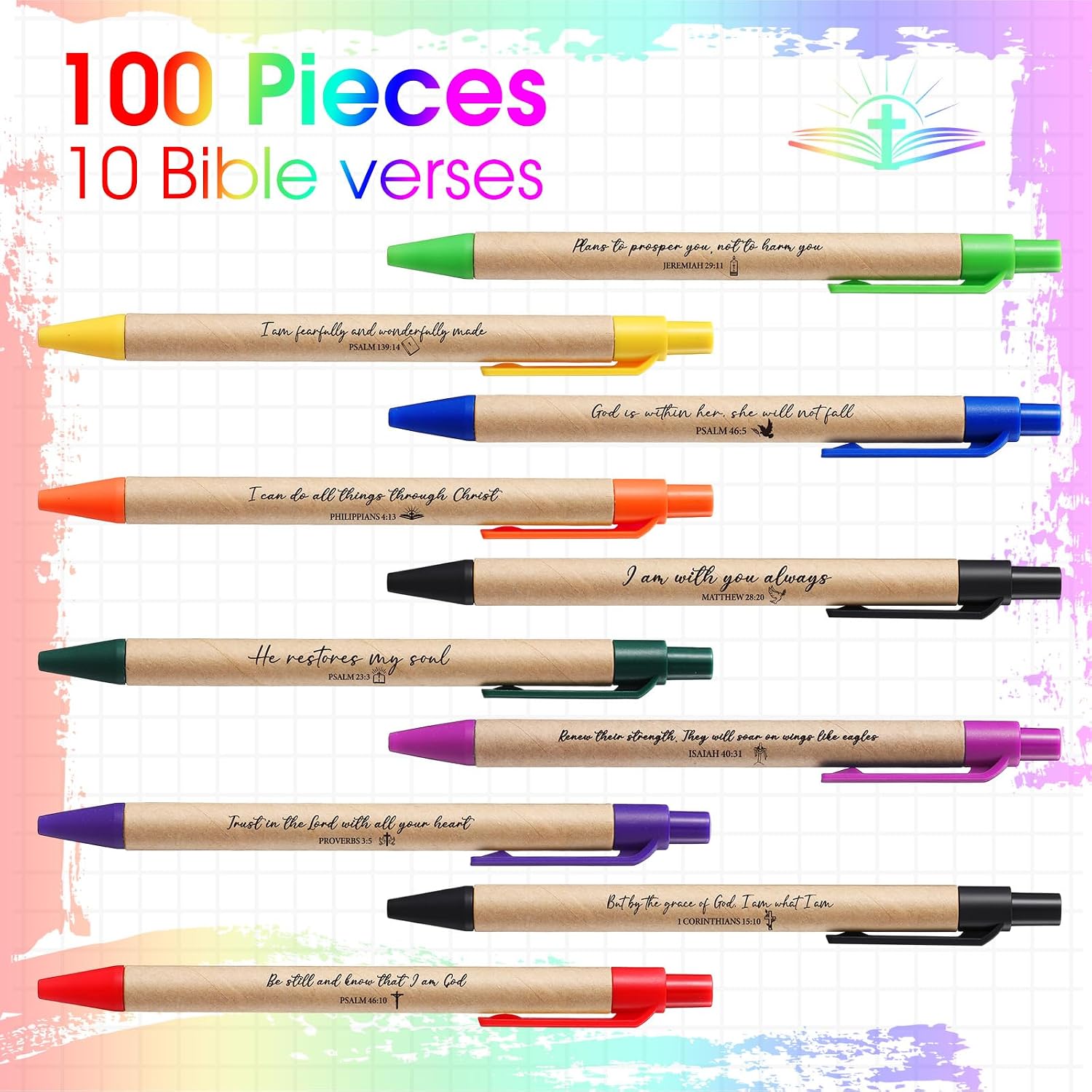 Marspark 100 Pcs Christian Pens Gift Bulk Bible Verse Inspirational Gifts for Men Women Retractable Ballpoint Religious Pens with Black Ink for Office Church Scripture Supplies Coworkers (Colorful)