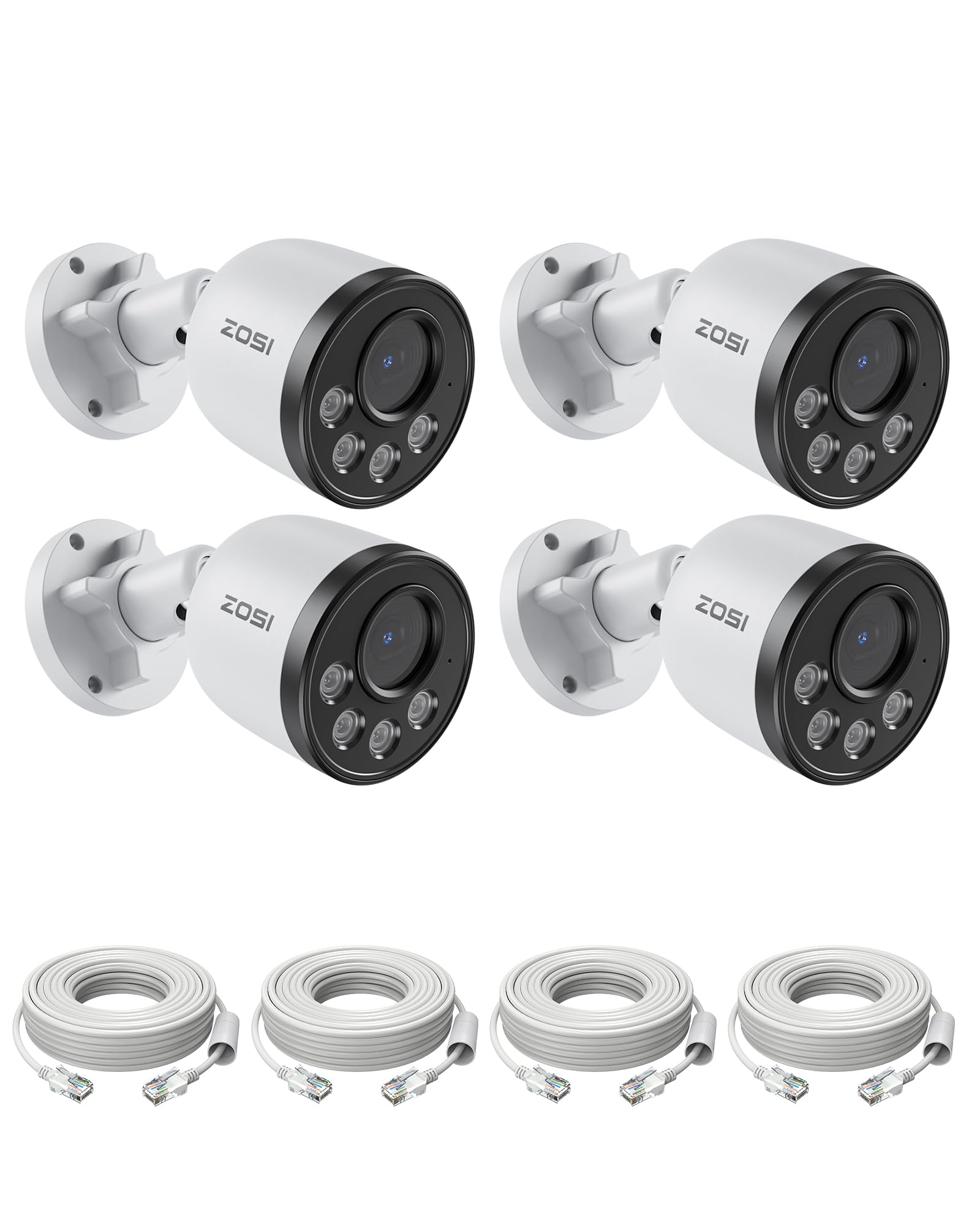 ZOSI 4PK 4MP Add-on Camera with Ethernet Cables,Outdoor PoE IP Bullet Security Camera with Audio,Night Vision,Smart Human Detection,IP66 Weatherproof,Remote Access,Only Work PoE NVR System
