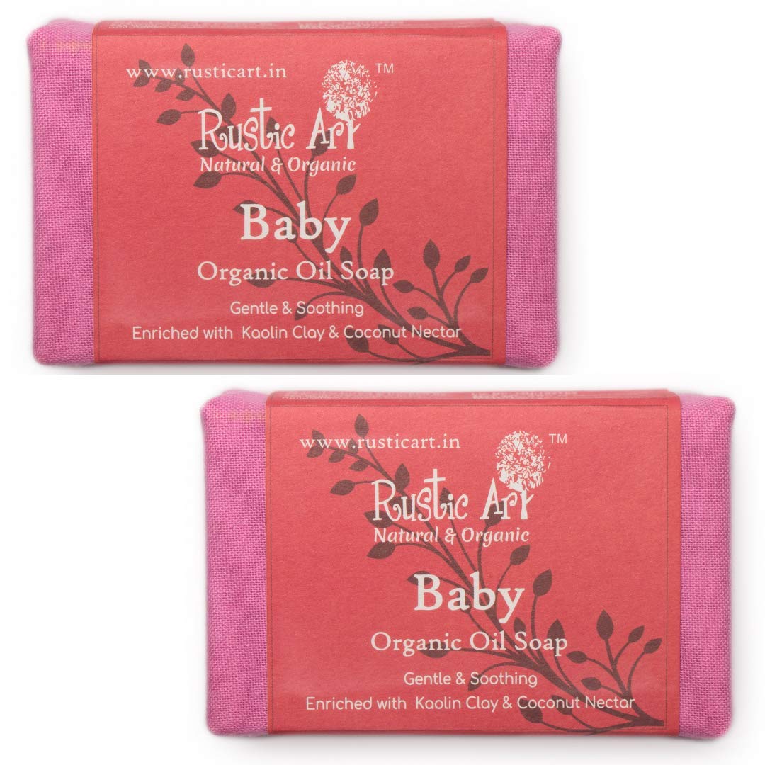 Rustic Art Baby Organic Soap | Cold-Processed Handmade | Coconut Nectar, Aloe & Coconut Milk for Delicate Skin | Vegan, Natural | 100 g (p[ack of 2)