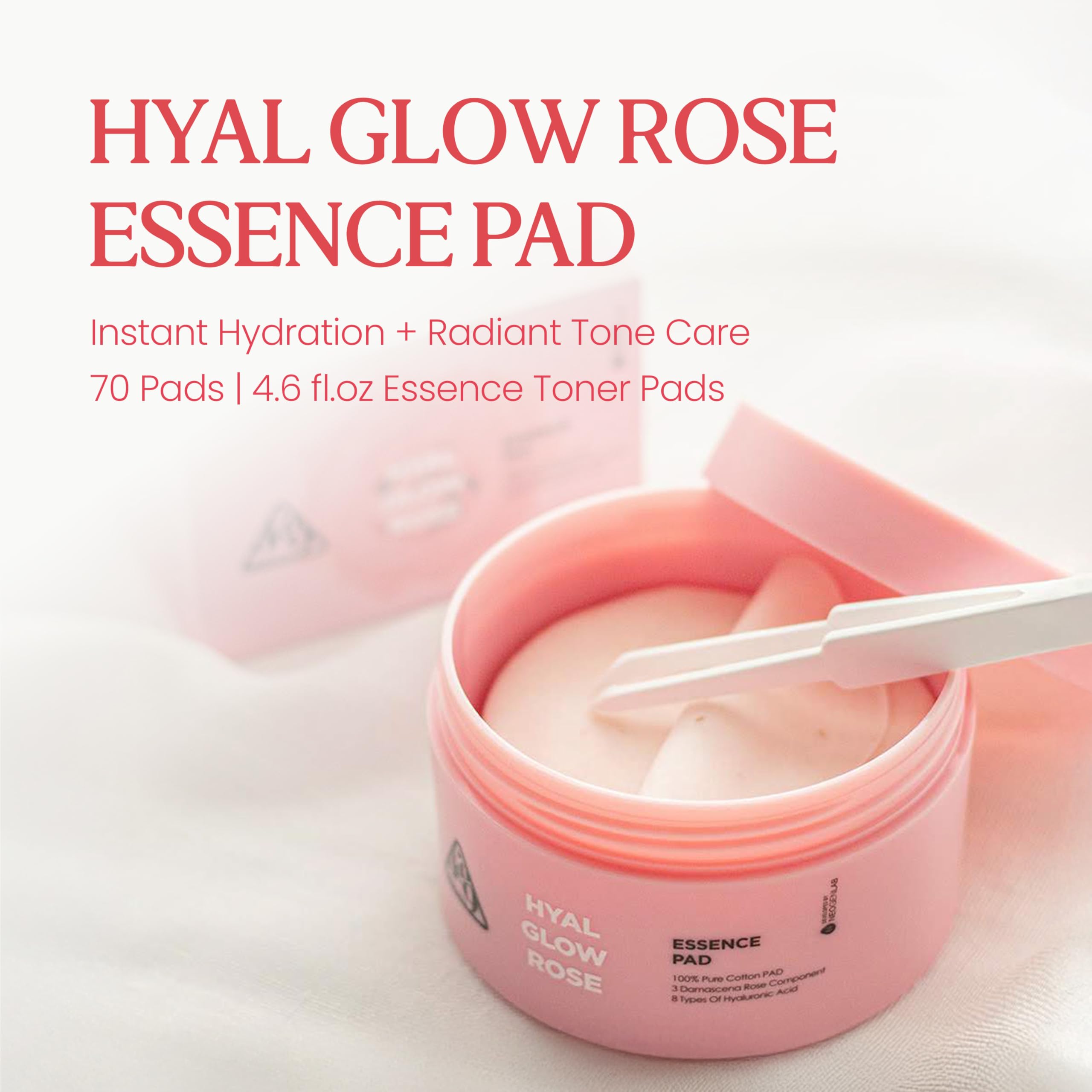 Neogen DERMALOGY Hyal Glow Rose Essence Pad – Hydrating, Firming & Radiance Boosting Toner Pads Infused with Rose Water, Niacinamide, Adenosine & 8 Types of Hyaluronic Acid 70 Pads / 4.6fl.oz