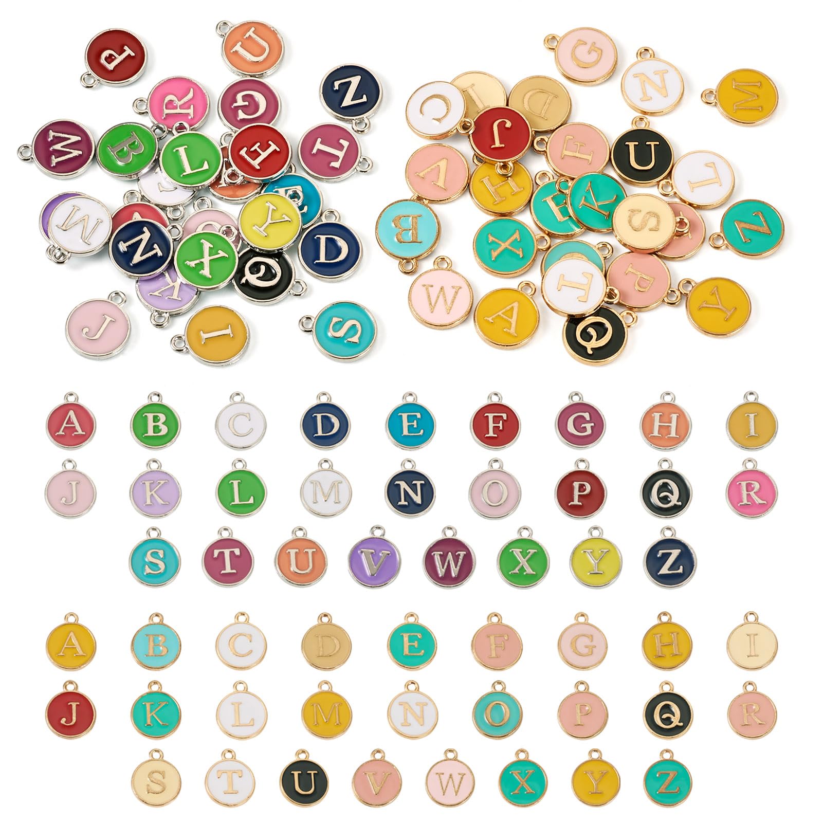 Cheriswelry 52PCS Letter A-Z Pattern Enamel Charms 14mm Rainbow Color Golden Flat Round Alphabet Pendants Bulk for DIY Necklace Bracelet Keychain Jewelry Making Crafts โ image 1