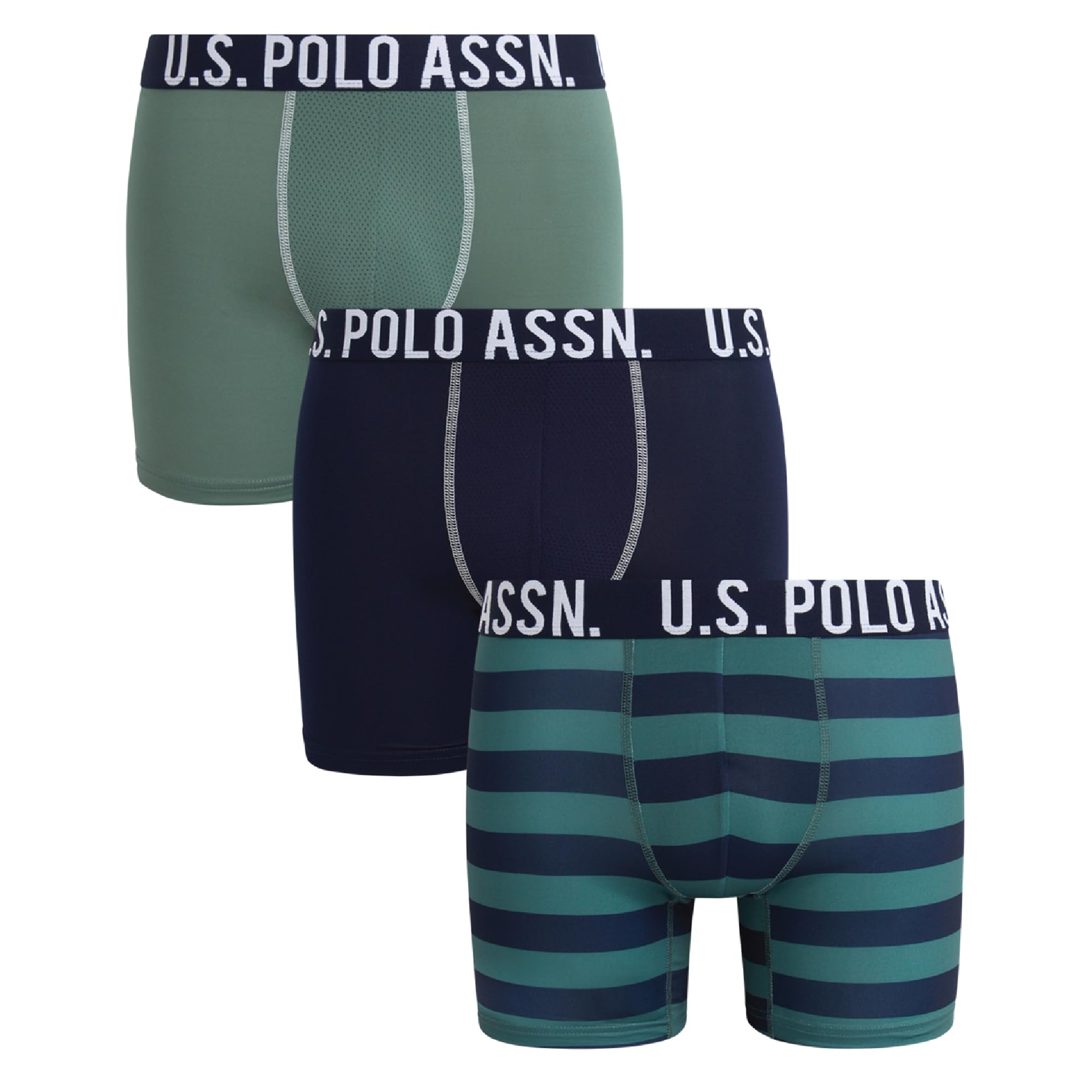 U.S. Polo Assn. Mens Boxer Briefs - 3 Pack 6'' Inseam Cotton Breathable Mens Underwear Boxer Shorts Pack with Contour Pouch, Green/Print/Maritime Blue, M