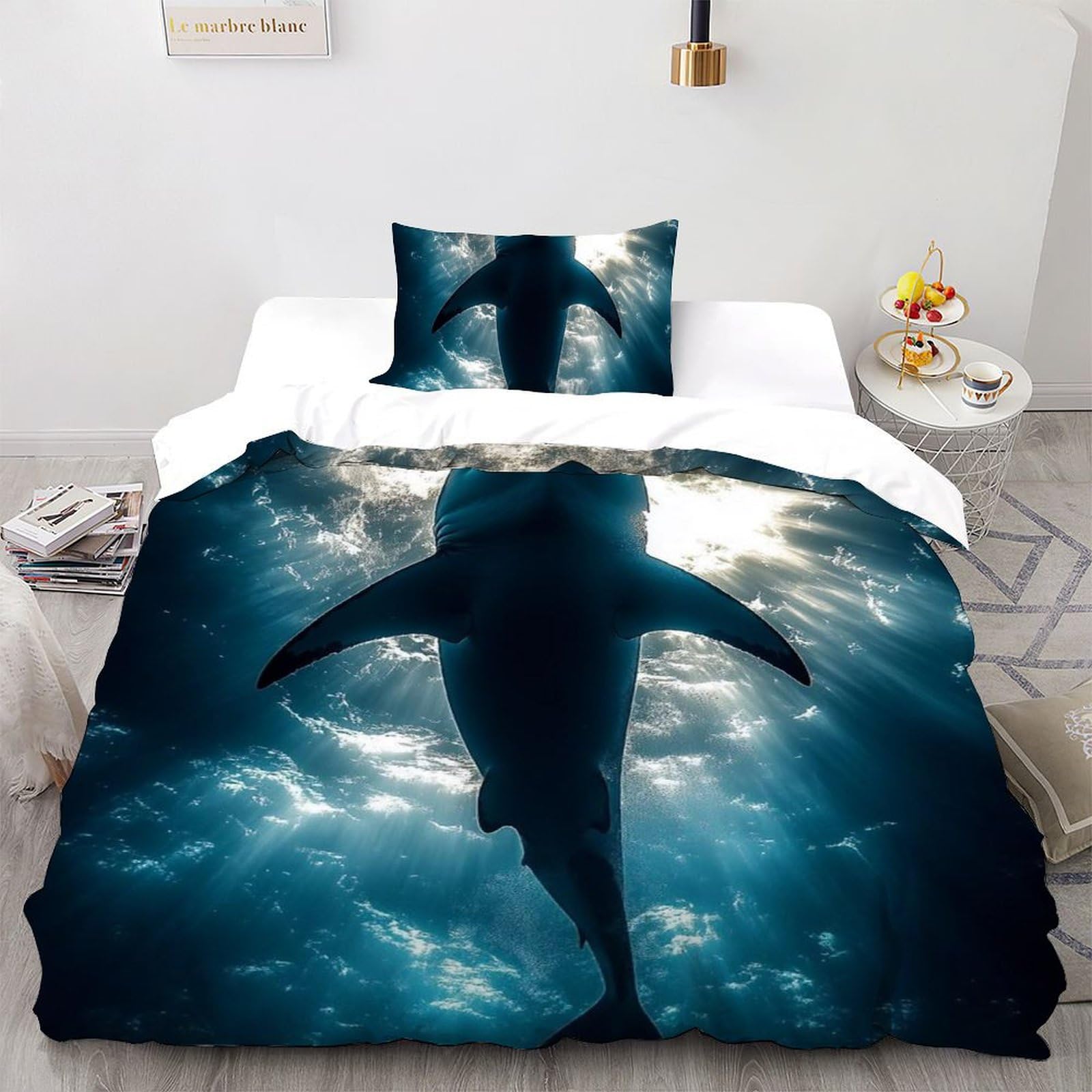 Parure de lit requin en microfibre douce avec housse de couette single 135x200cm et taie d'oreiller