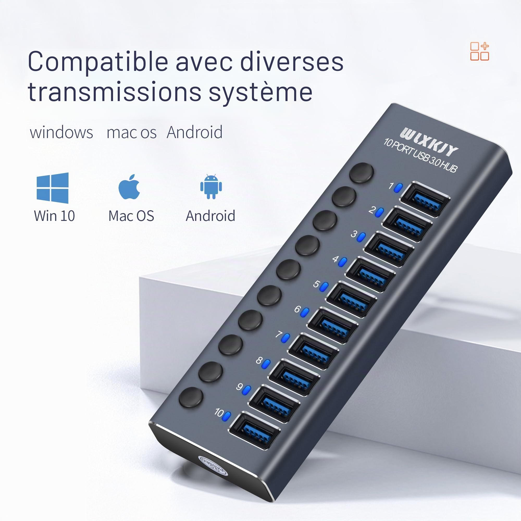 Aktiver Hub mit 72W (24V/3A) Netzteil, 10 Aluminium Ports USB 3.0 Hub zum Laden und Hochgeschwindigkeitsdatentransfer, Multiport USB 3.0 Splitter mit Einzelschaltern, USB-C Adapter