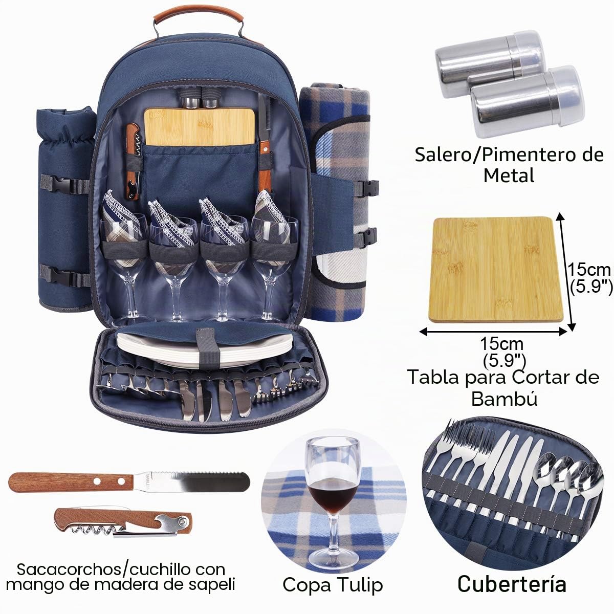 Sunflora Mochila Picnic 4 Personas para Picnic, Cesta Picnic con Manta de Picnic Isotérmica y Compartimiento Desmontable y Botella Titular de Vino de Camping Blosa Picnic(Azul Marino)