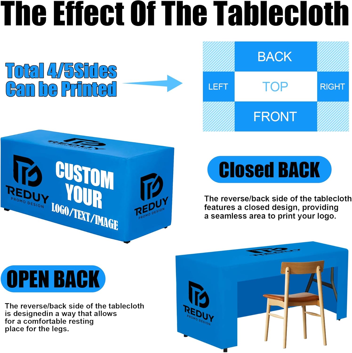 Custom Table Cloth with Business Logo for Tradeshow Events 4/5/6/8/10FT Fitted Cover for Company Shop, Charity Associations Birthday Parties (8FT Open Back)