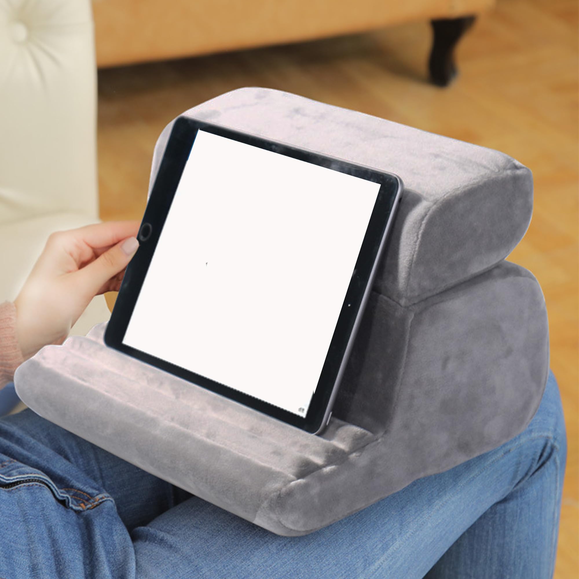 MZSX Tablet Pillow Holder, Foldable iPad Stand for Lap, Bed and Desk - Universal Tablet Stand with Pocket & Stylus Mount, Multi-Angle Pillow Holder for Pad/Tablet/eReader/Books