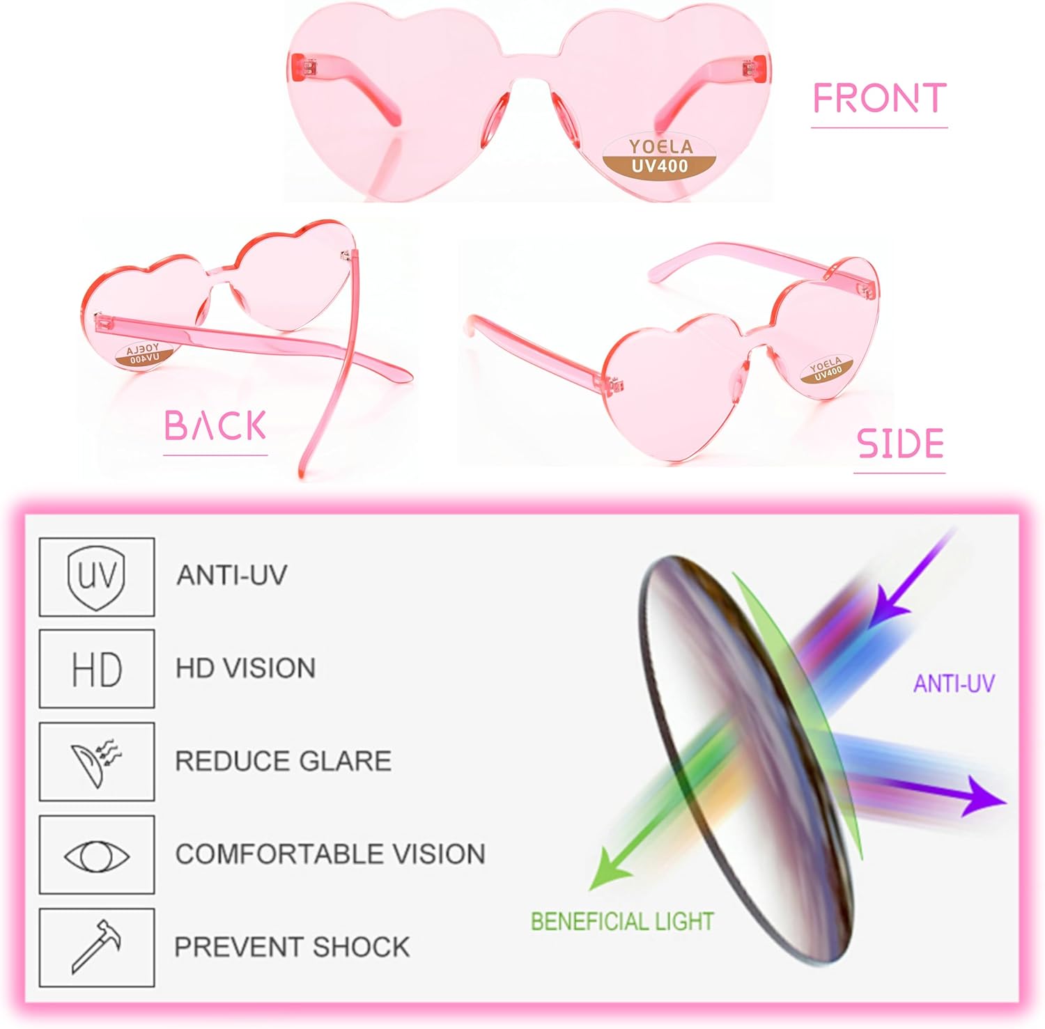 Yoela Heart Thick Oversized Rimless Sunglasses One Piece Heart Shape Eyewear Colored Sunglasses for Women Purple&pink&green&wine Red image 5 of 9 B0CCD6L2RY