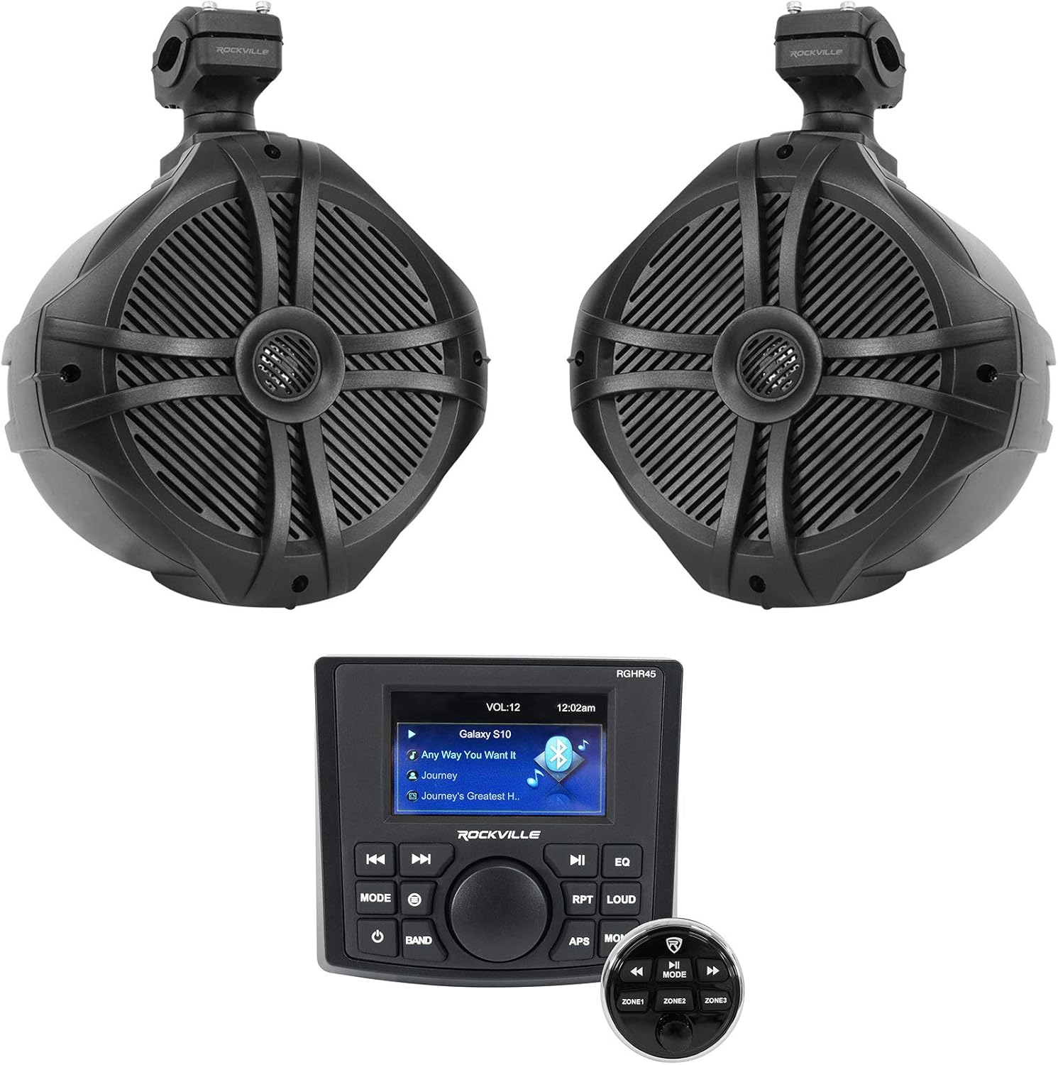 Rockville Marine Speaker Bundle: RGHR45 4 Zone Bluetooth Receiver, 2X RWB90B 8" 300w Wakeboard Speakers, Black with Wired Remote, 3-Items