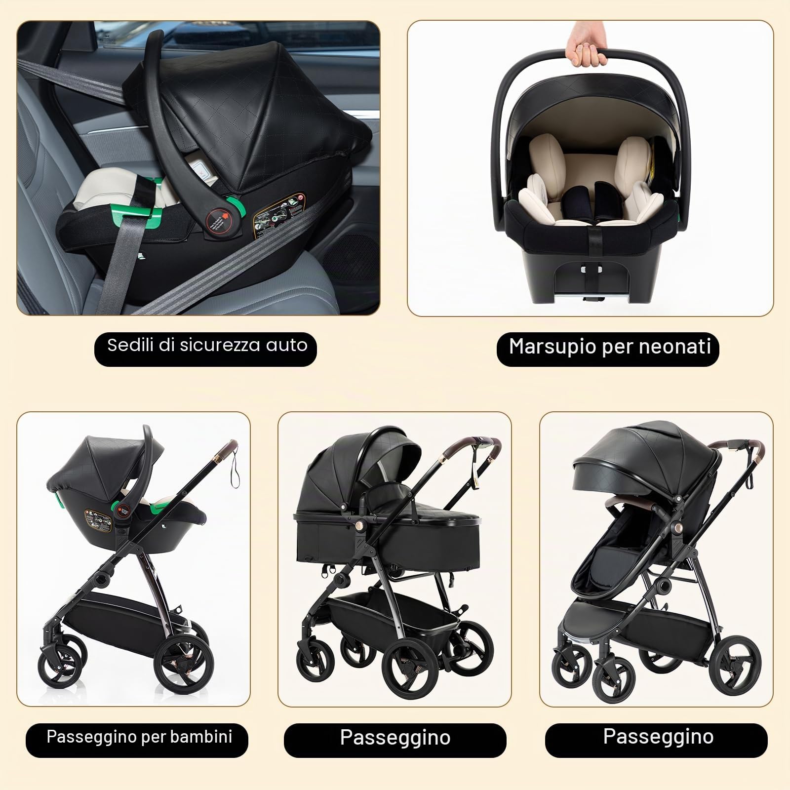 Gcarebb Passeggino in pelle PU 3 in 1, passeggini da città con seggiolino auto, portatile con un clic pieghevole, passeggino combinato paesaggistico, telaio in alluminio alto