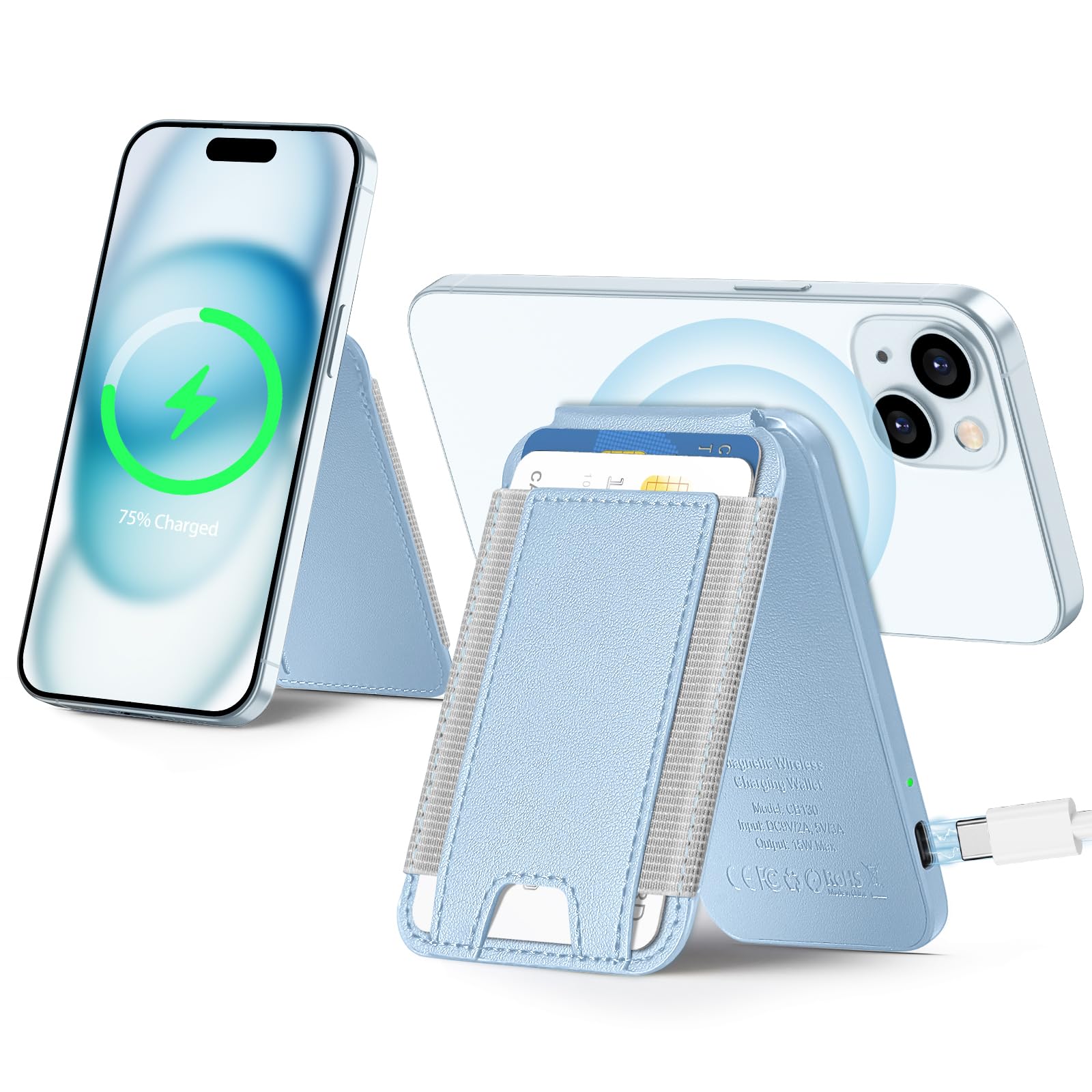 wireless future chargerfor Magsafe Wallet Stand - Not Power Bank, Magnetic Card Holder for iPhone 15/14/13/12 Series, Vegan Leather, 2 Slots, Fit 6 Cards, RFID Blocking, Light Blue