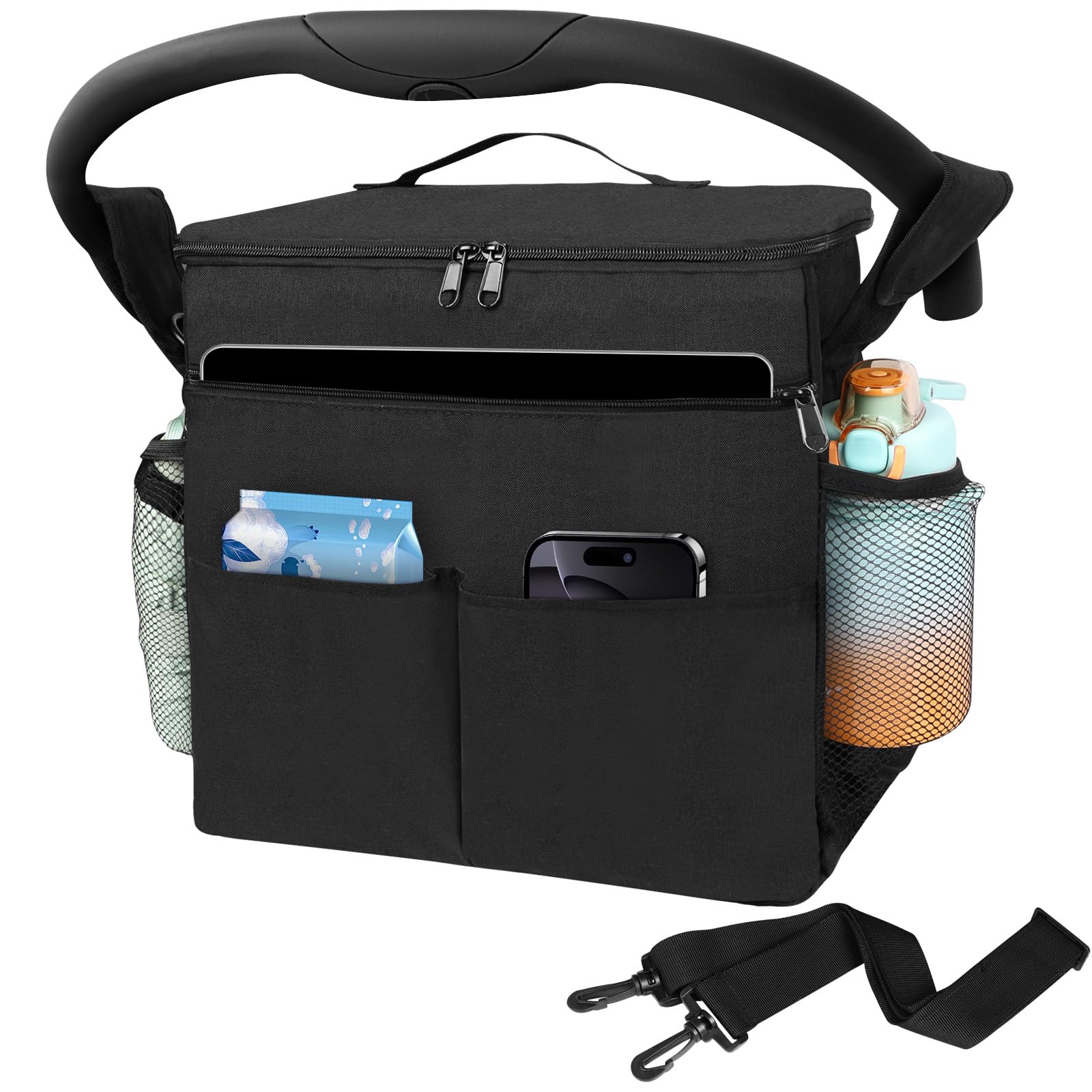 HOTUT Groß Kinderwagen Organizer, Kinderwagen Tasche Universal mit Isolierte Getränkehalter und Verstellbare Schultergurte, Wasserdichte Kinderwagentasche Organizer, Schwarz