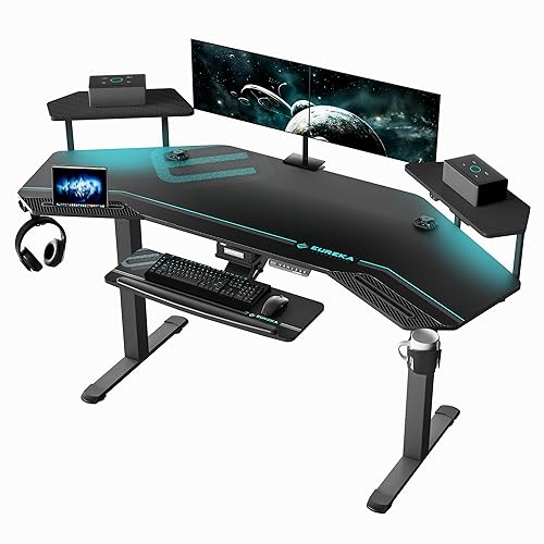 EUREKA ERGONOMIC Bureau Gaming LED 182x76cm en Forme d'Aile Bureau
