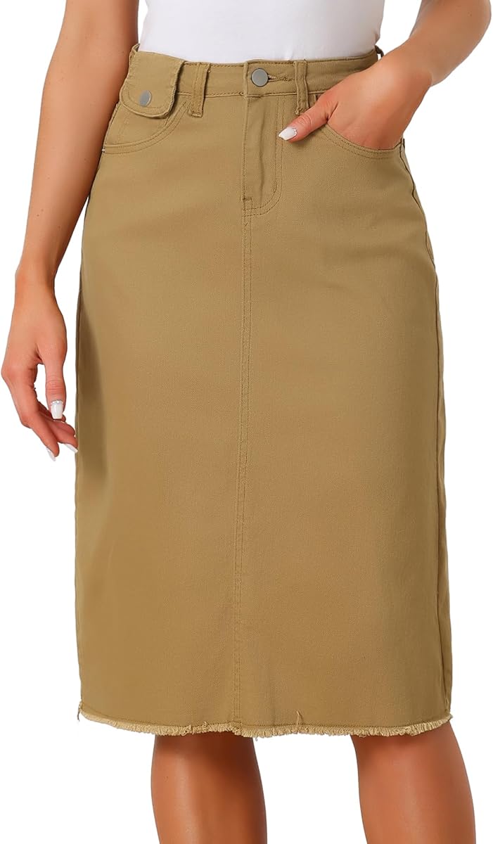 Allegra K Women's Casual Jean Skirt Raw Hem Stretch High Waist Denim Skirts
