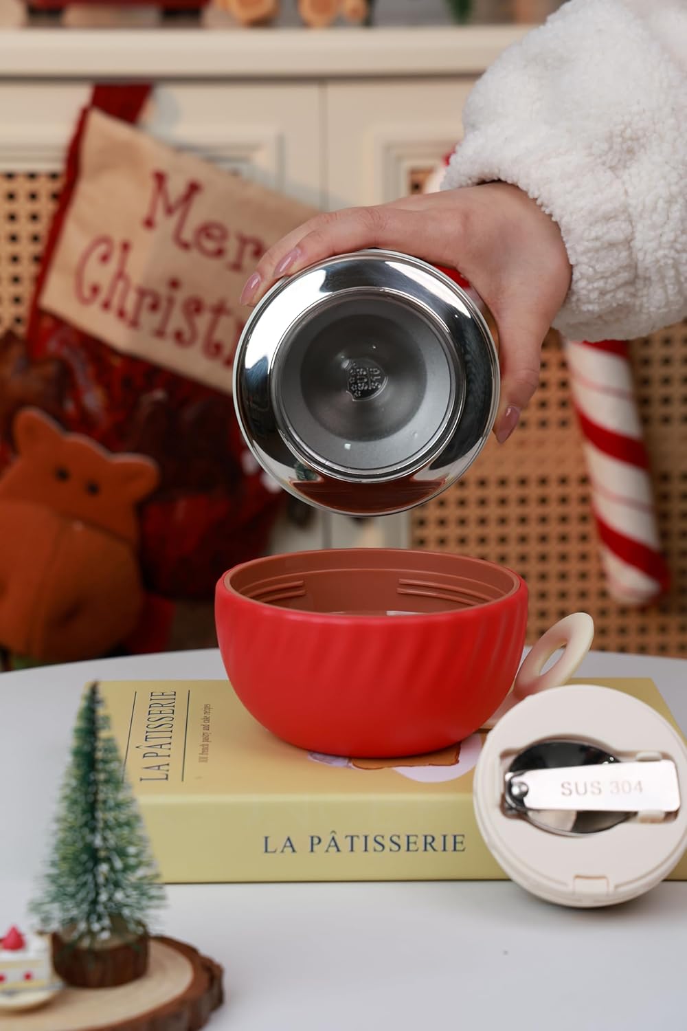 Cute mushroom Thermo for Hot Food for Adults | Width Mouth, Insulated Food Jar with Spoon, Leakproof Soup Thermo for Office Travel, Thermal Steel Lunch Container Easy to Carry