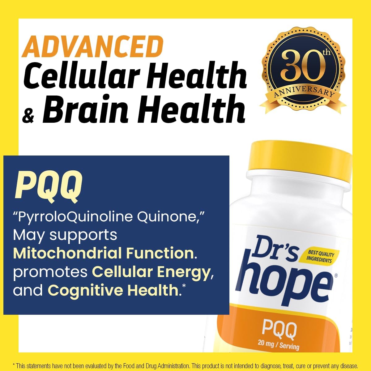 Dr's Hope Pyrroloquinoline Quinone Supplement 20 mg - Promotes Brain, Heart & Mental Performance - For Muscle Function, Energy Production & Longevity - Gluten Free - 30 Vegan Capsules - 1 Month Supply
