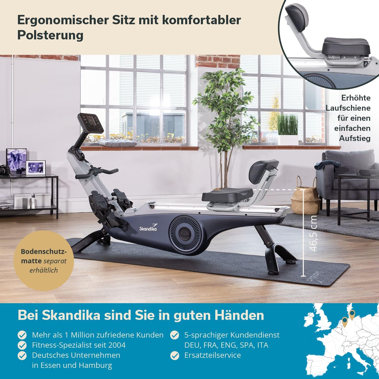 Skandika Rudergerät für Zuhause Freki, 24 Widerstandsstufen,19 Trainingsprogramme, 12kg Schwungmasse, Magnetwiderstand, Studio-Qualität, LCD-Display, Kinomap, aufstellbar, wartungsarm Bis 135kg
