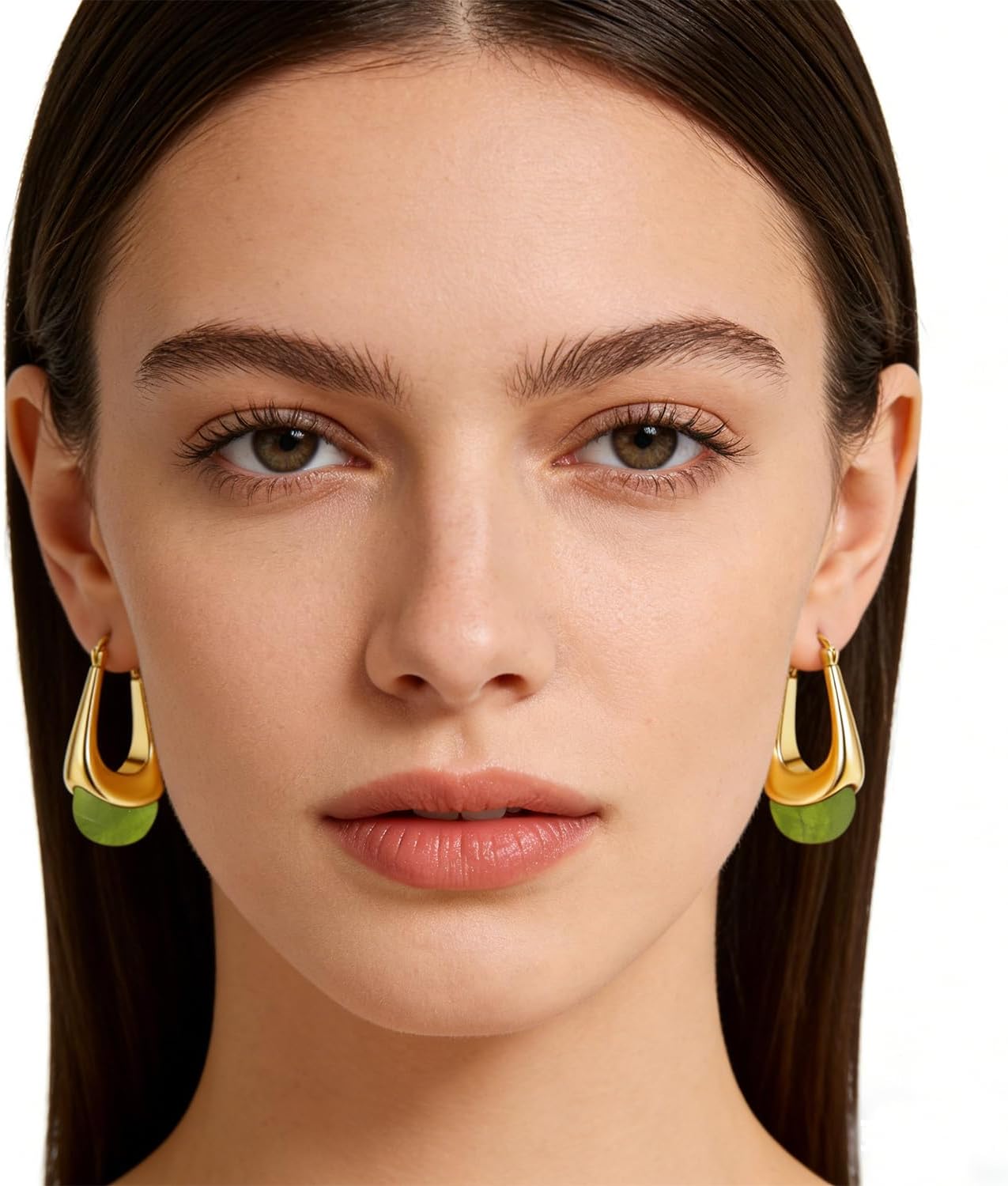 Valentine Day Gifts for Her Women,Vintage Chunky Gold Hoops Earrings for Women, Gold Dangle Drop Earrings with Brown/Pink/White/Green Resin Gemstones, 18K Gold Plated Trendy Statement Earrings,Exaggerated Large Teardrop Trendy Jewelry for Christmas - Image 3