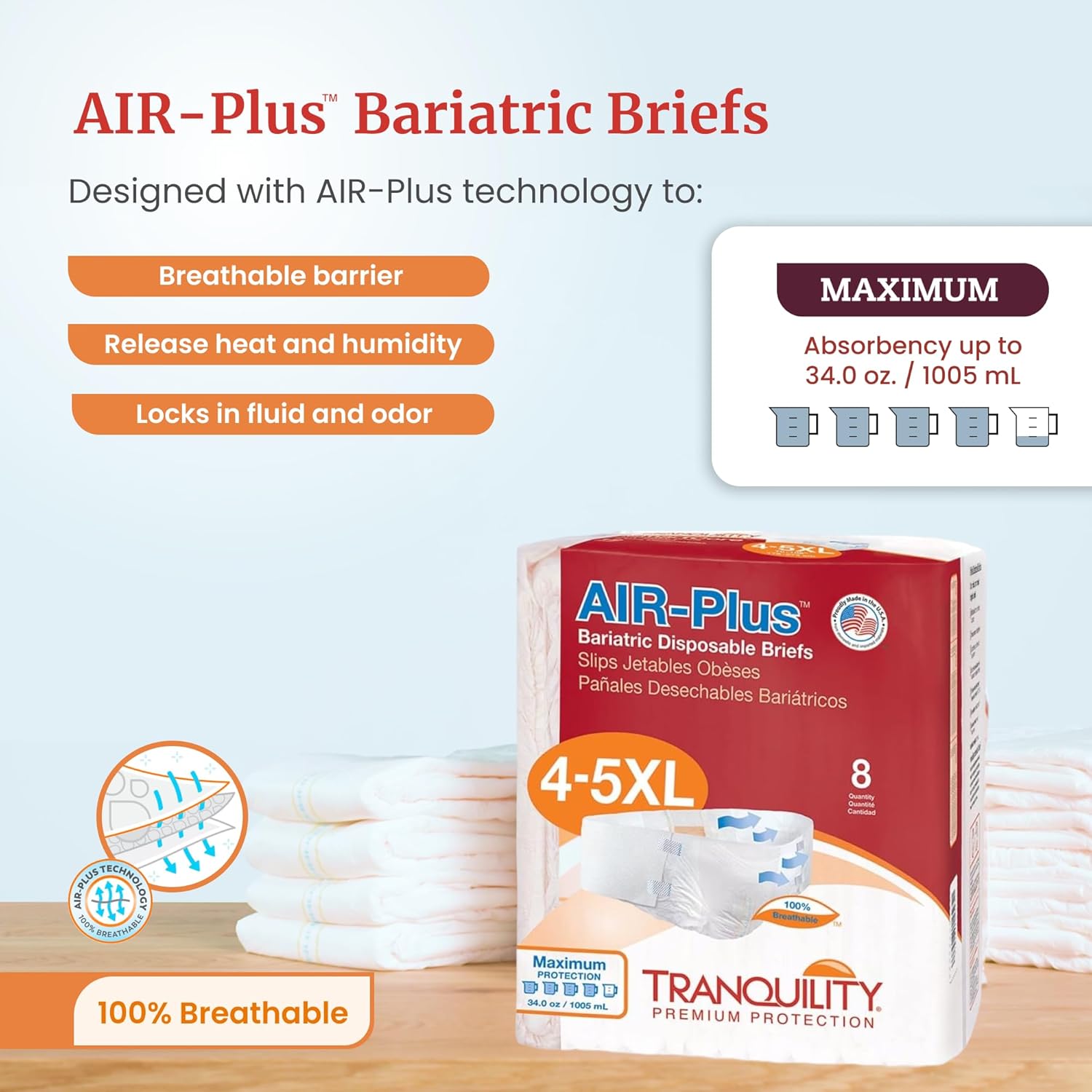 Tranquility Bariatric Disposable Briefs 4X-Large with AIR-Plus Fully Breathable Fabric for Skin Dryness & Integrity, Latex-Free, 34oz Capacity, 8ct Bag