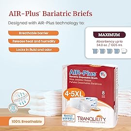 Tranquility Bariatric Disposable Briefs 4X-Large with AIR-Plus Fully Breathable Fabric for Skin Dryness & Integrity, Latex-Free, 34oz Capacity, 8ct Bag