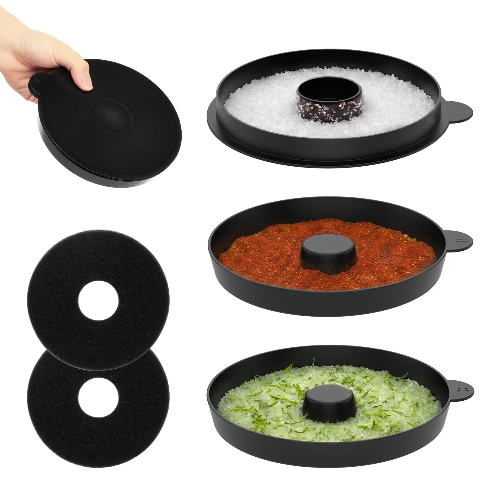 Margarita Salt Rimmer Tray Set, Plastic 3 Tier Sugar Rimmer Tray with 2 Sponge for Bloody Mary Margaritas Cocktail Bartender ﻿(Black)